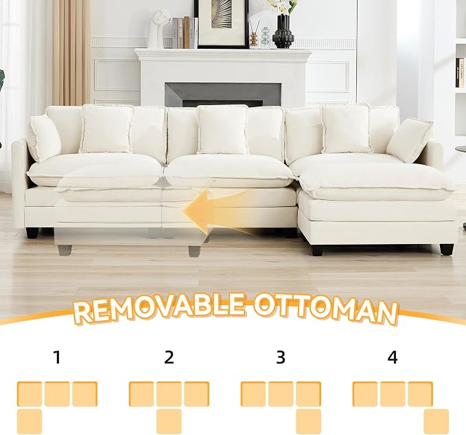 111'' Sectional Cloud Deep Seat Couch, Modern Comfy Chenille L Shaped Sectional - Image 6