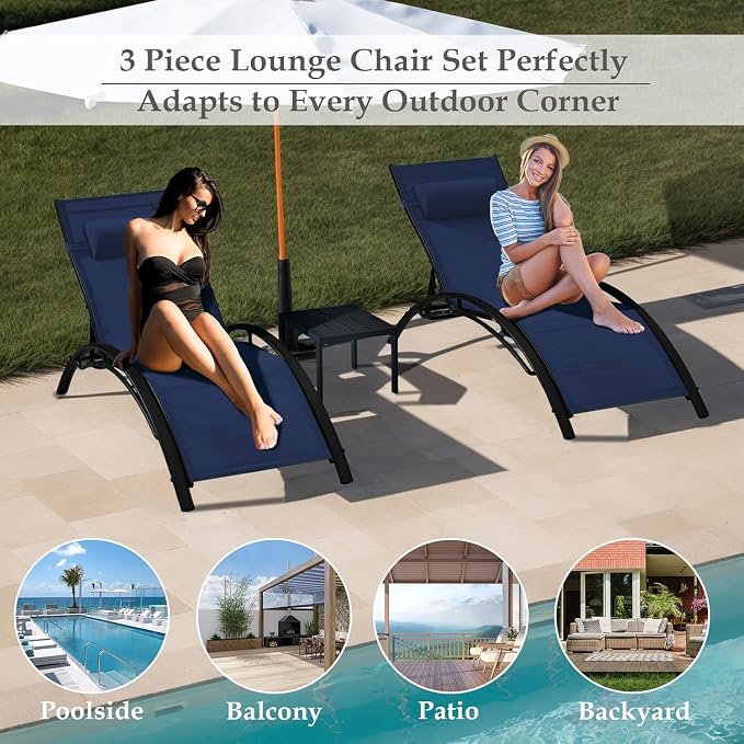 EROMMY Outdoor Chaise Lounge Set of 3, Reclining Patio Chairs - Image 7