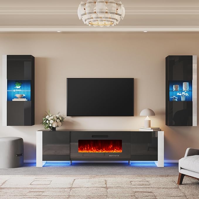 AMERLIFE 3-Piece Modern Wall Unit Entertainment Center Set, High Gloss 80" by AMERLIFE