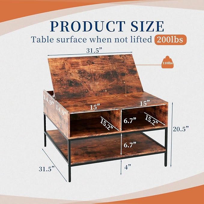 Coffee Table with Storage, Square Coffee Table with Display Shelf and Hidden - Image 2