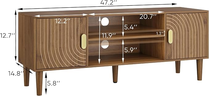 Smuxee Walnut TV Stand with Line Groove Design, 47.2" Mid Century Modern TV - Image 7