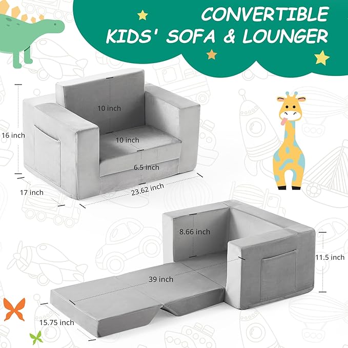 Kids Couch, 2-in-1 Toddler Chair Comfy 1-3 Years Old, Convertible Kids Chair - Image 3