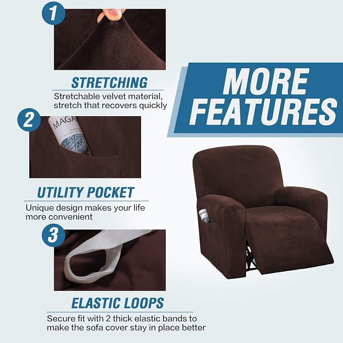 H.VERSAILTEX Velvet Stretch Recliner Couch Covers 4-Pieces Style Recliner Chair - Image 4