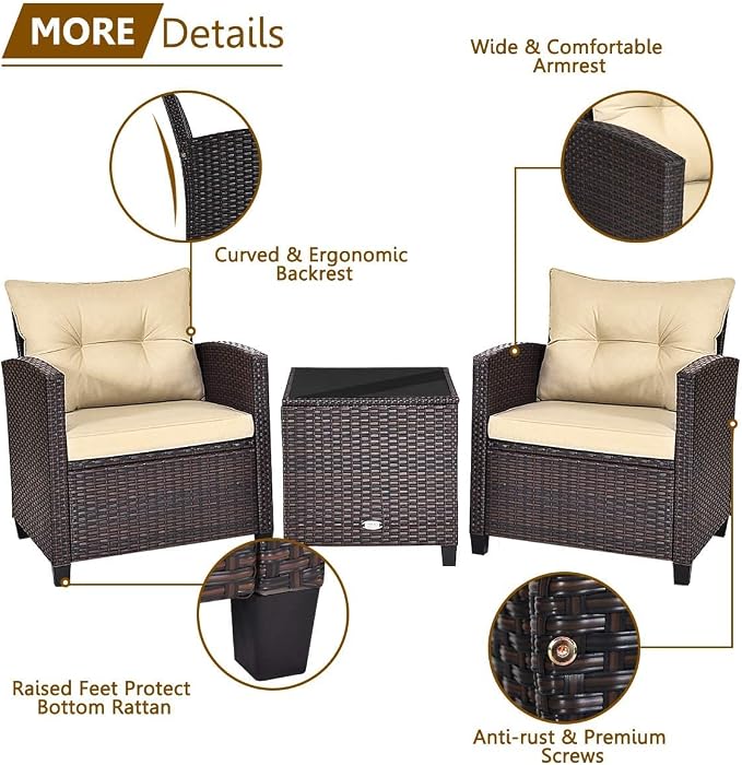 HAPPYGRILL 3 Pieces Patio Conversation Set, Outdoor Furniture Set PE Rattan - Image 6