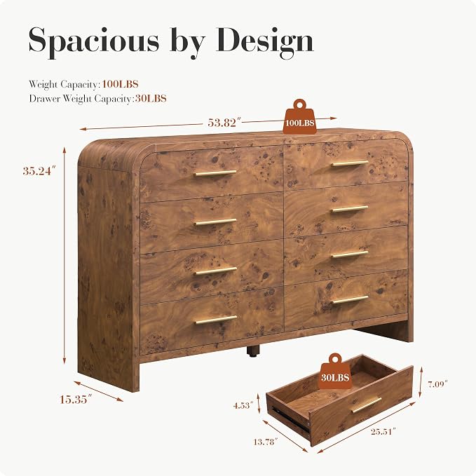 Curved 8-Drawer Dresser for Bedroom, 53.82" Wide Modern Chest of Drawers - Image 2