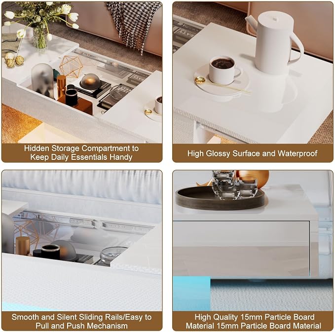 White Modern Coffee Table with Hidden Storage - Image 4