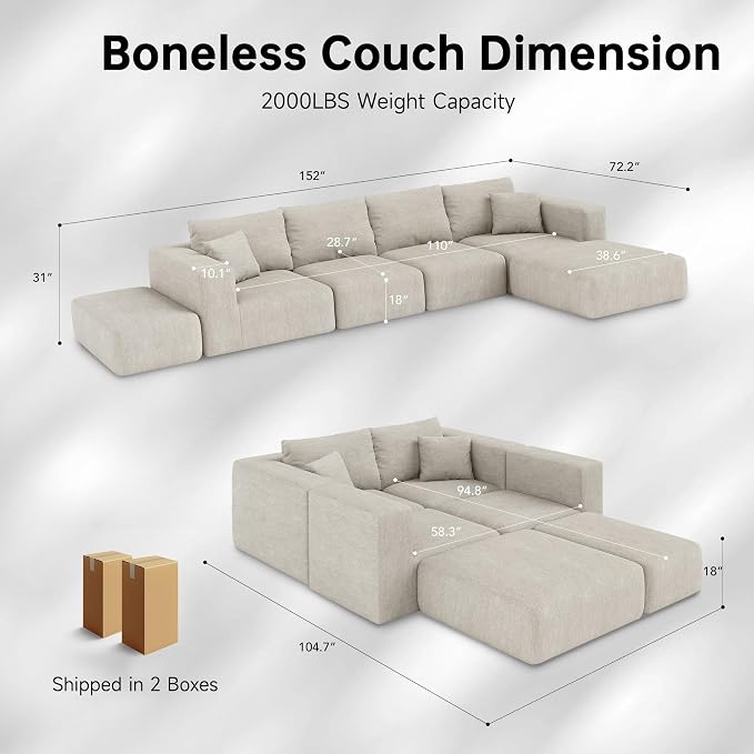 152'' Modern Boneless Couch, Oversized 2-in-1 Modular Sectional Sofa Bed - Image 2