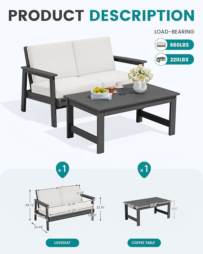 SERWALL Outdoor Loveseat, All-Weather HDPE Outdoor Furniture Set - Image 8