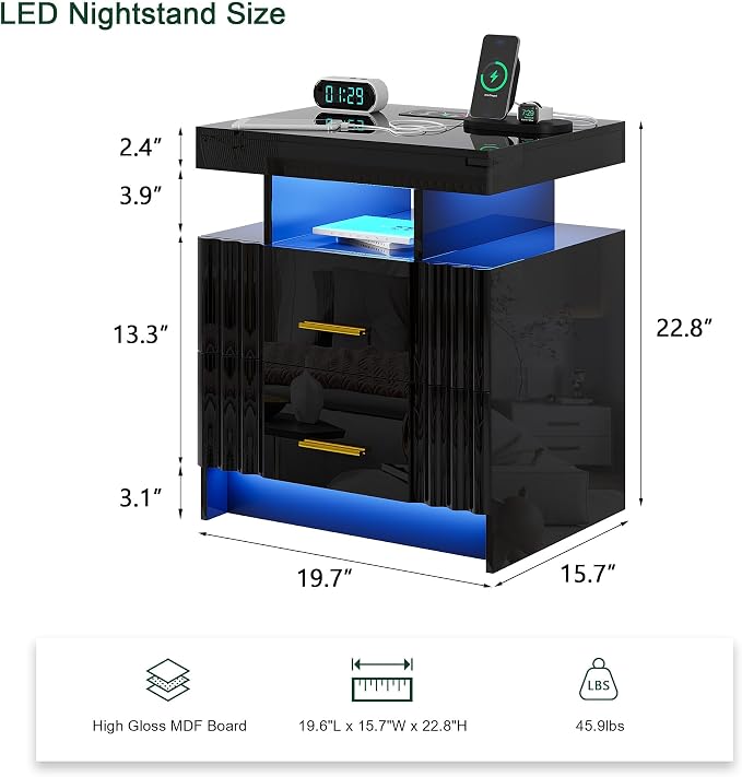 Nightstand with Wireless Charging Station, Bedroom Bedside Table with RGB Lights - Image 2