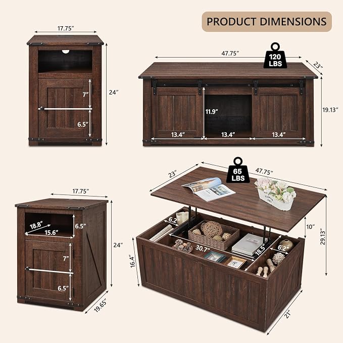 IFGET Farmhouse Furniture Set of 3, Includes 48" Lift Top Coffee Table - Image 2