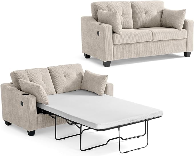 Full Size Pull Out Sleeper Sofa Bed, 2-in-1 Convertible Corduroy Pull Out Couch by CHICHOUSE