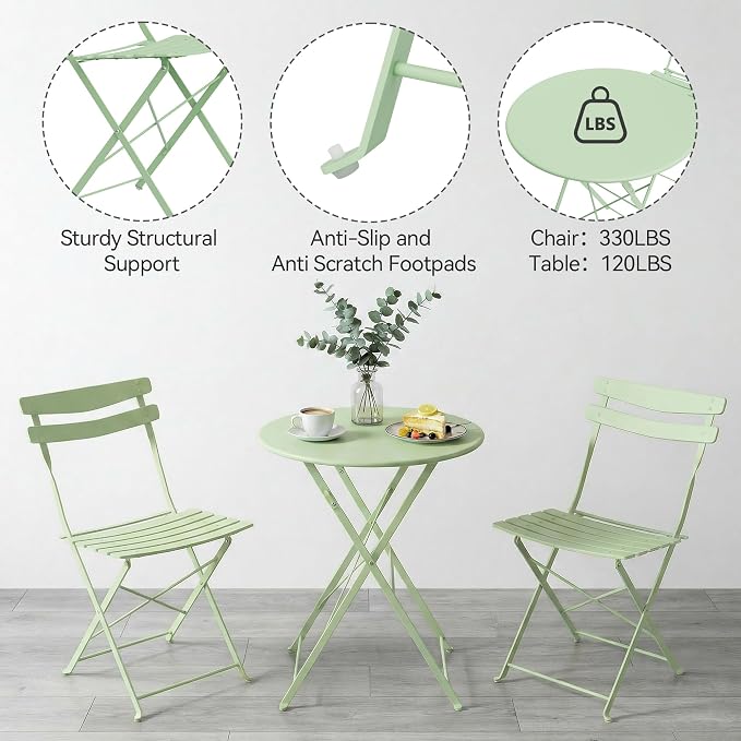 GarveeLife 3 Piece Patio Bistro Set, Folding Patio Bistro Table and Chairs Set - Image 6