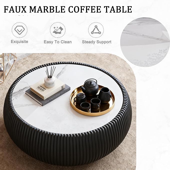 27.55" Round Marble Coffee Table, Modern Fluted Coffee Table - Image 6