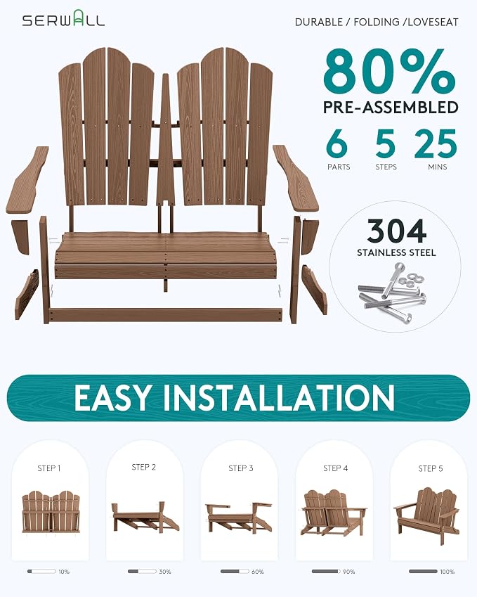 SERWALL Folding Adirondack Bench, HDPE All-Weather Adirondack Loveseat Set of 2 - Image 4