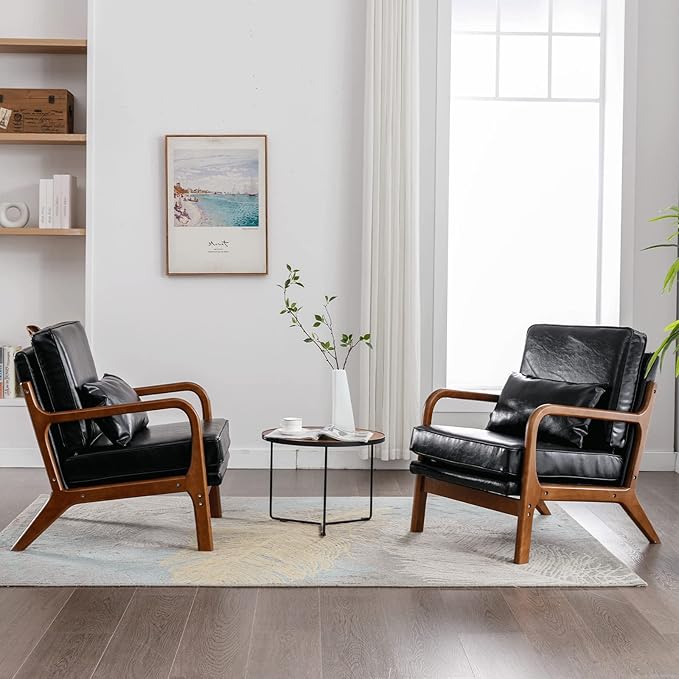Mid Century Modern Accent Chairs Set of 2 Living Room- Comfy Wood Arm Chair - Image 5