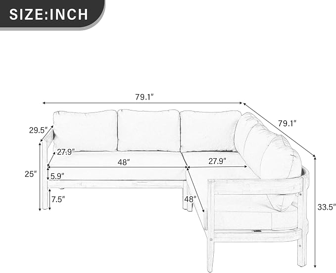 VilroCaz Outdoor Patio Furniture Set, L-Shaped Acacia Wood Sectional Sofa - Image 3