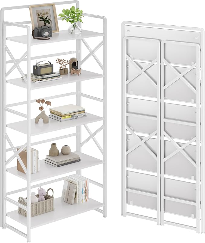 No Assembly Folding Bookshelf, 5 Tiers Vintage Wood Collapsible Book Shelf by THKKYHomeOfficeFurniture