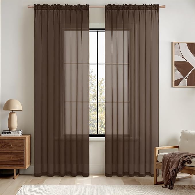 MIULEE Chocolate Brown Sheer Curtains 96 Inches Long 2 Panels, Light Filtering by MIULEE