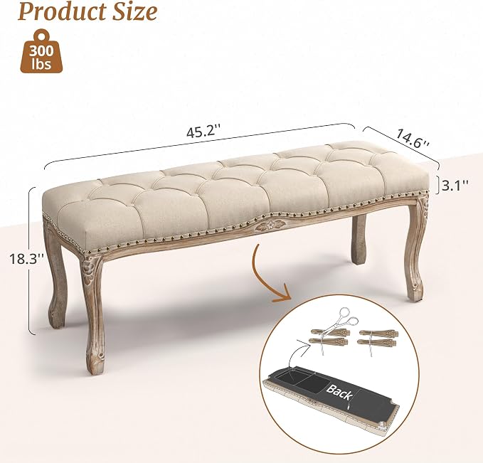 Cozyman Bedroom Bench, French Vintage Tufted Entryway Bench, 45.2" Carving - Image 3