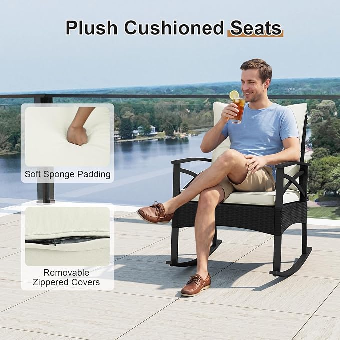 Tangkula 3 Pieces Outdoor Rocking Chairs Set, Rattan Heavy Duty Cushioned - Image 5