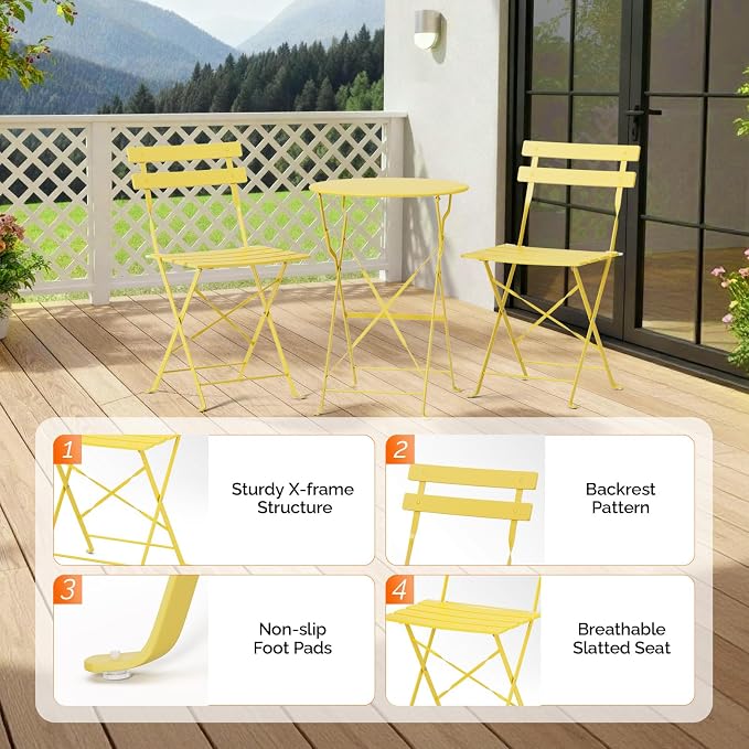VINGLI Outdoor Folding Bistro Table and Chairs Set of 2, 3-Piece Bistro Set - Image 8