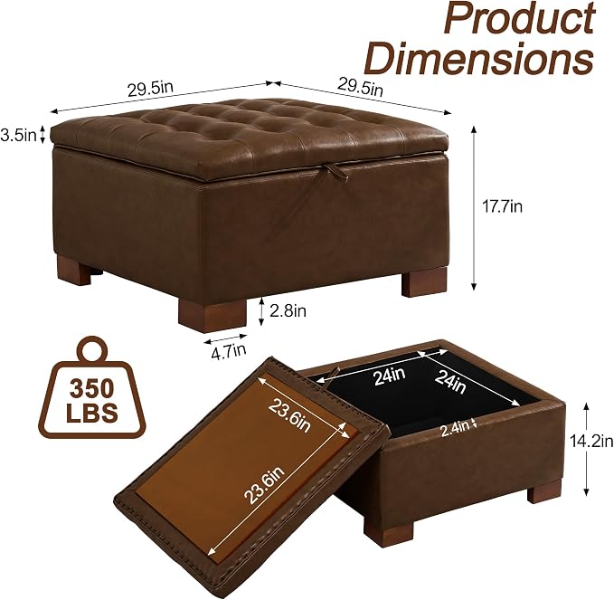 WUTUTUEE 30" Faux Leather Square Storage Ottoman - Image 2