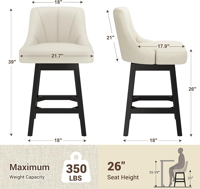 YaFiti Swivel Bar Stools Set of 2, 26 Inch Counter Height Bar Stools - Image 2
