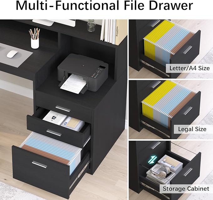 YOMILUVE Computer Desk with 3 Drawer & Storage Shelves, Home Office Desk with - Image 5
