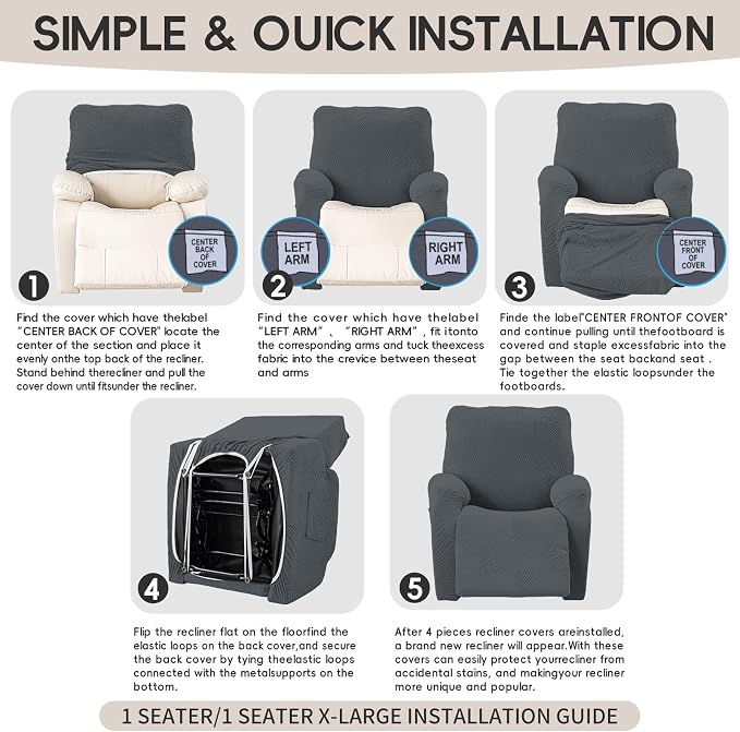 Recliner Chair Covers, 4-Piece Stretch Geometric Strokes Jacquard Reclining - Image 8