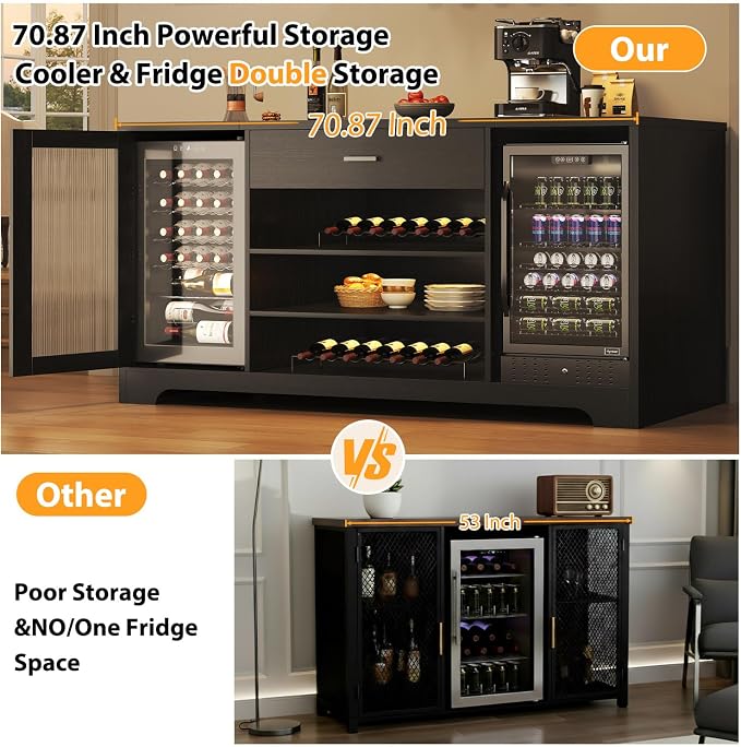 HSH Long Bar Cabinet with Fridge Space, Modern Wood Coffee Wine Liquor Cabinet - Image 3