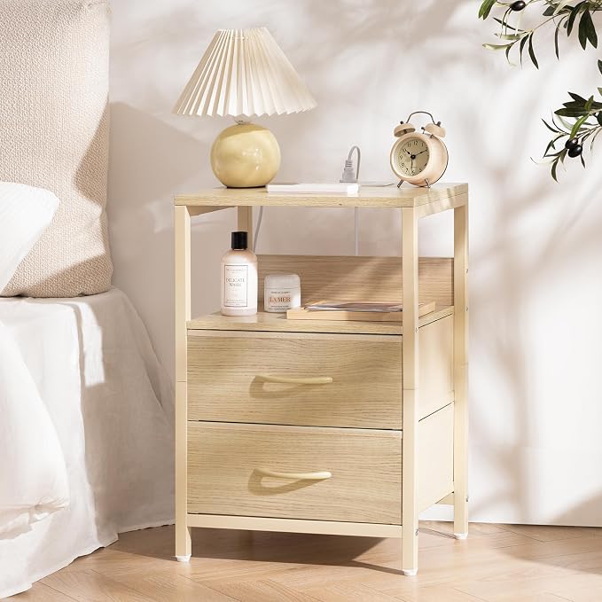 Yoobure Nightstand with Charging Station, LED Night Stand with Fabric Drawers - Image 2