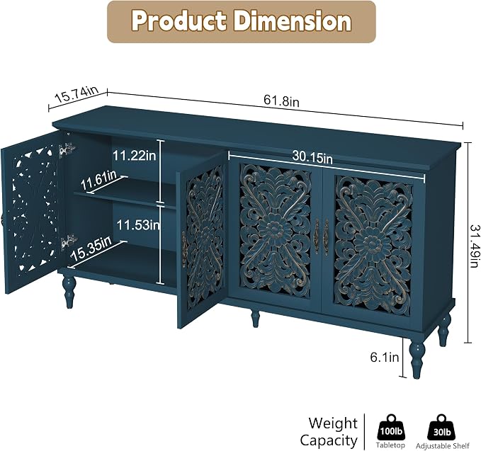 ARTPOWER 61.8" Hollow Carved Wood Accent Cabinet - Image 2