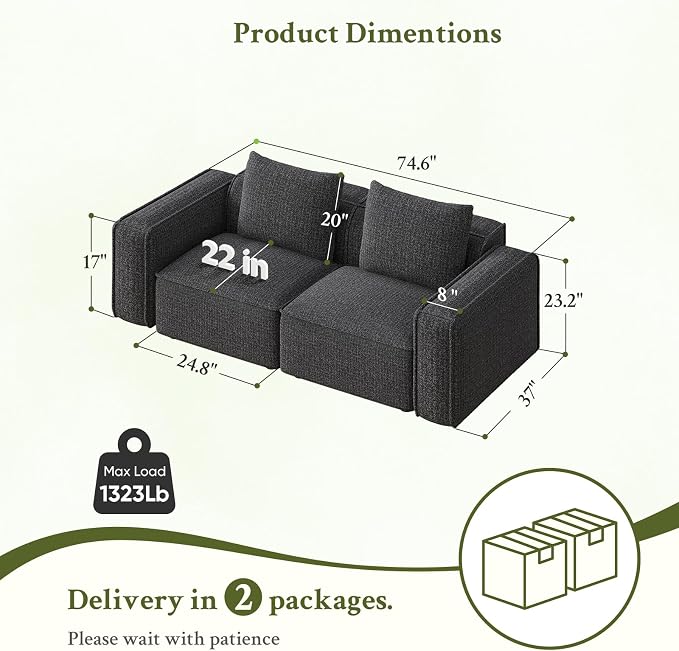 Welzona 75" loveseat Sofa, Comfy Chenille Love Seat, Wood Frame Small Couches - Image 2