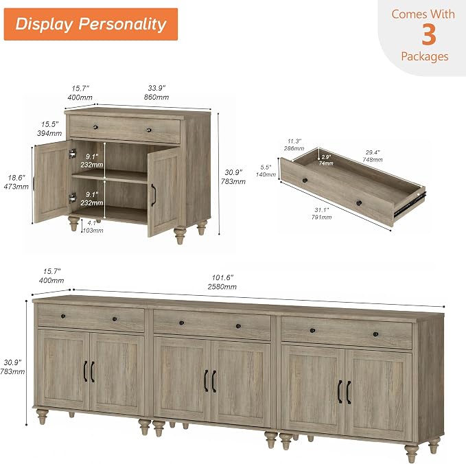 WAMAPT Buffet Cabinet with 6 Doors and 3 Drawers, Large Coffee Bar Table Wood - Image 2