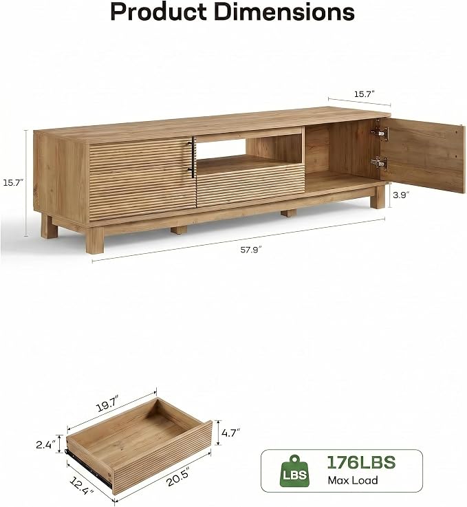 Amada 58" TV Stand for TVs up to 65 Inch, Fluted Entertainment Center - Image 3