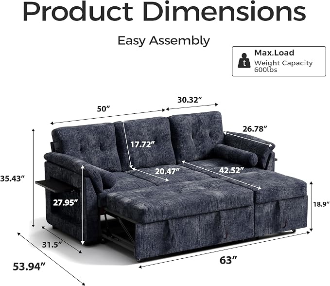 Convertible Sleeper Sofa Bed, 63 Inch Chenille Pull Out Couch - Image 2