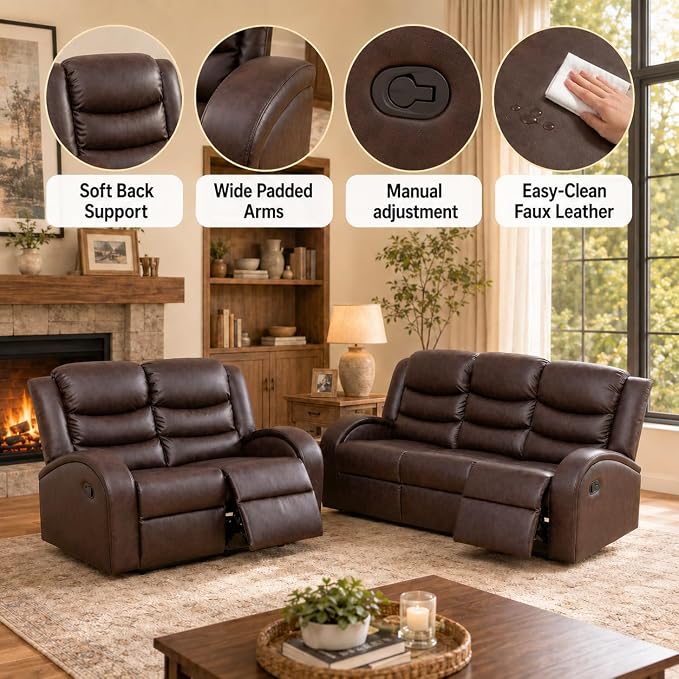 Recliner Sofa Set 2 Piece Living Room Furniture Set Couch Sectional Leather - Image 4