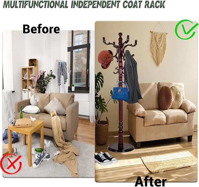 73" Wooden Coat Rack Stand, Coat Racks Freestanding - Image 5