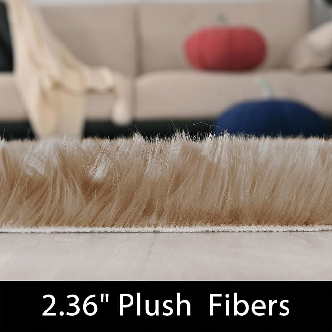 Latepis Brown Beige 2x5 Washable Small Rug Faux Sheepskin Fur Rug Fluffy Shag - Image 2