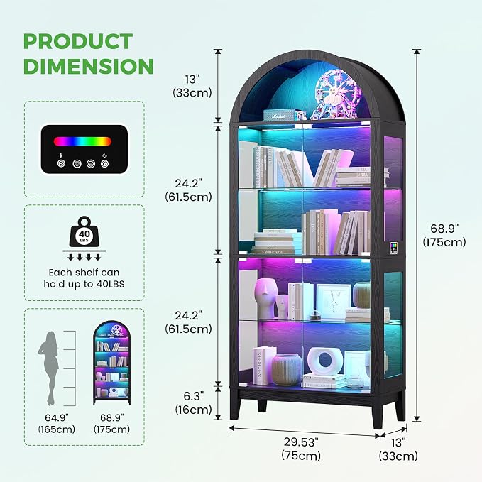 HNEBC Arched Book Shelf with Glass Doors, LED Bookcase with RGB Lights - Image 2