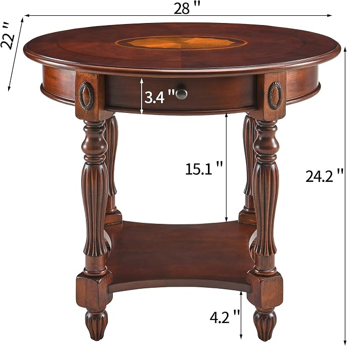 LEEMTORIG Oval Round End Table, 2-Tier Cherry Wood End Table Solid Wood Side - Image 3