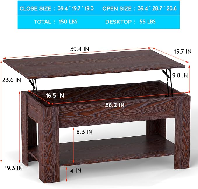FDW 39 inch Lift Top Coffee Table - Image 3
