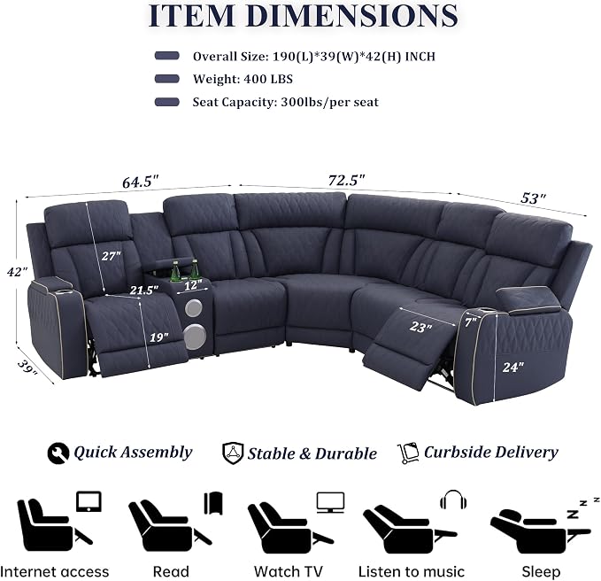Power Recliner Sectional Sofa, L-Shaped Living Room Furniture Set, Reclining - Image 2