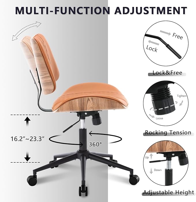 Home Office Chair No Arms with Wheels, Adjustable Height PU Leather Mid Back - Image 6