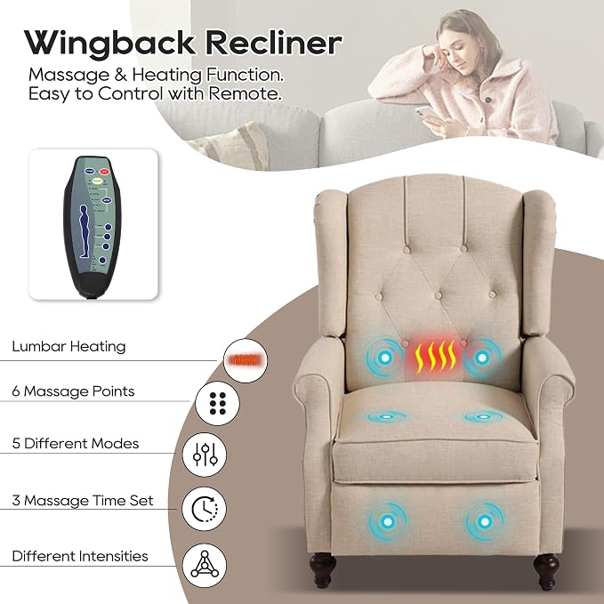 Wingback Recliner Chair with Massage and Heat, Tufted Fabric Push Back Recliner - Image 3
