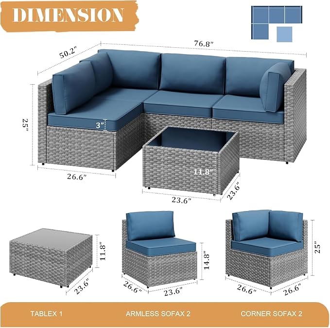 JAMFLY 5-Piece Patio Furniture Set, All-Weather Wicker Outdoor Sectional Sofa - Image 2