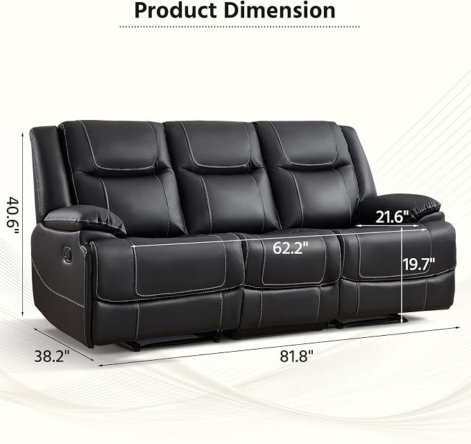 ANJ Premium Genuine Leather Manual Reclining Sofa Couch, Overstuffed 3-Seater - Image 2
