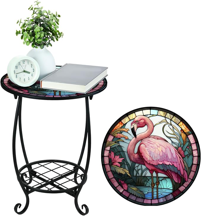 Cinnvoice Outdoor Side Table Round Small Mosaic Patio Accent Indoor End Plant - Image 7