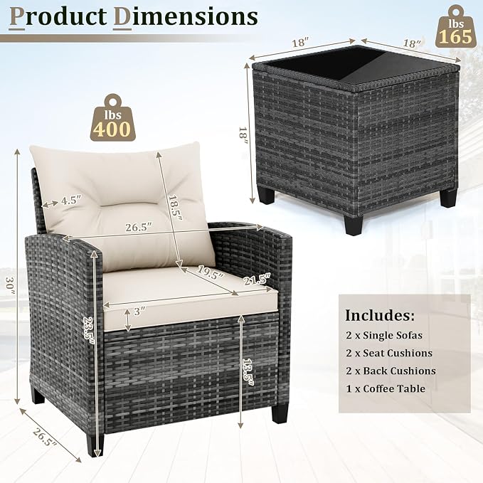 HAPPYGRILL 3 Pieces Patio Conversation Set PE Rattan Outdoor Furniture Sofa Set - Image 8