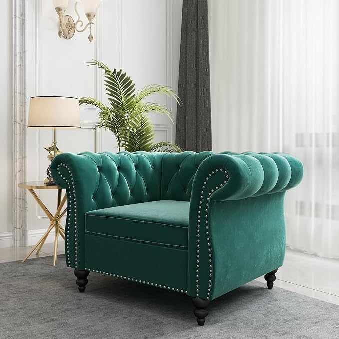 Living Room Chair, Modern Velvet Chesterfield Sofa Chair, Mid Century Single - Image 3
